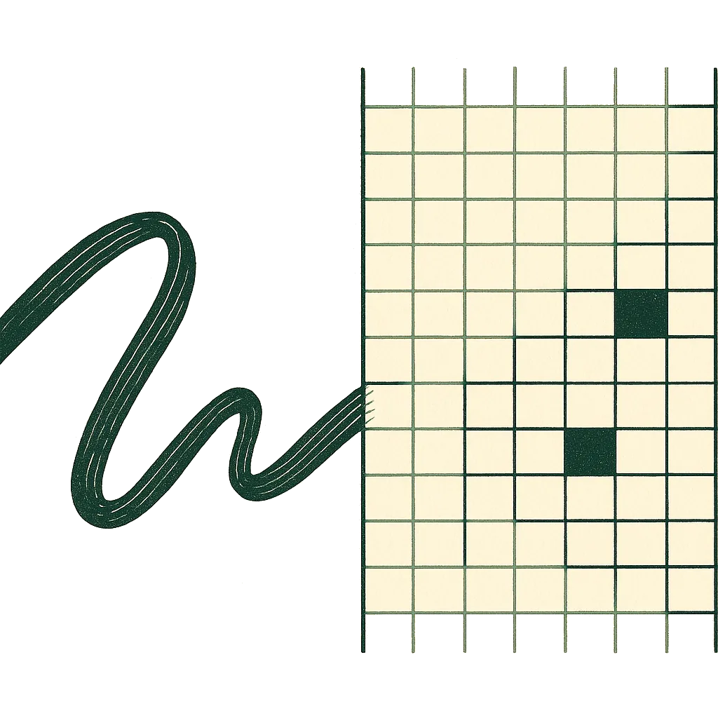Engraved-style illustration of a single flowing ink stroke resolving into a measured grid of ruled lines.